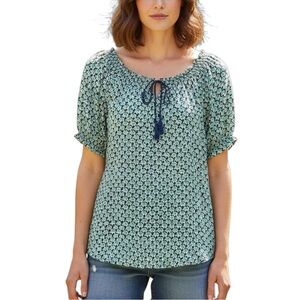 Joie Silk Smocked Green Elephant Print Boho Peasant Blouse Top Large